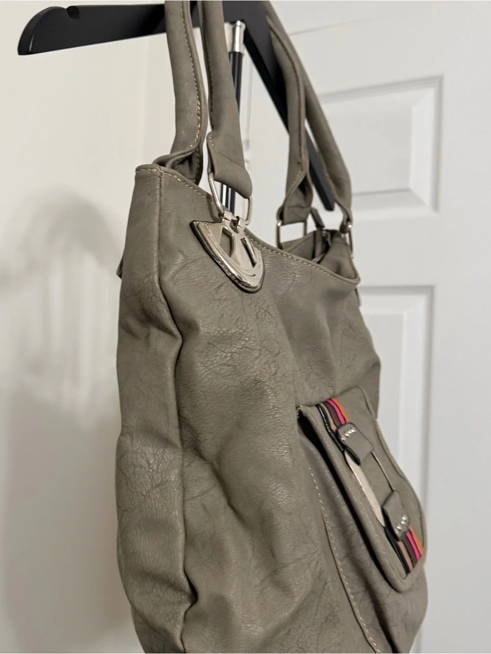 Women’s Gray Shoulder Bag with Multicolor Accent